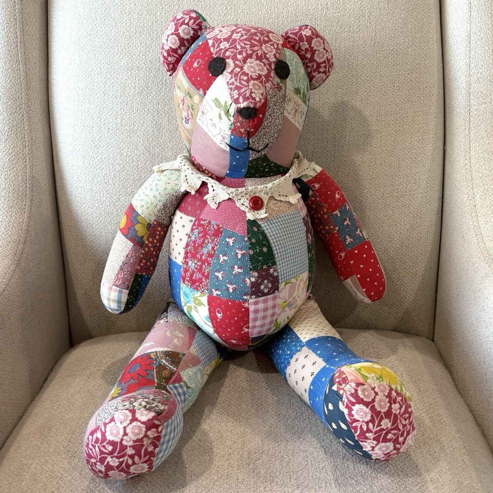 Vintage Handmade Patchwork Quilted Teddy Bear 22" Cottage Folk Art Calico Floral